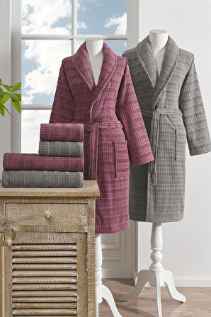 Özdilek Çizgili Kadife Bornoz Seti 6 Parça Koyu Pembe-Koyu Gri