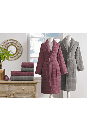 Özdilek Çizgili Kadife Bornoz Seti 6 Parça Koyu Pembe-Koyu Gri