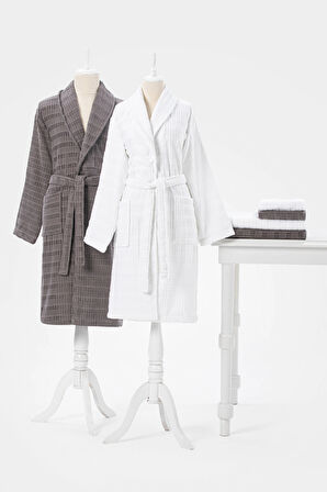 Özdilek Çizgili Kadife Bornoz Seti 6 Parça Beyaz-Koyu Gri