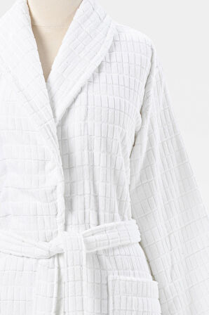 Özdilek Çizgili Kadife Bornoz Seti 6 Parça Beyaz-Koyu Gri