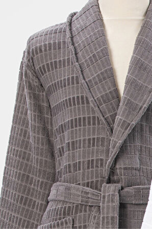 Özdilek Çizgili Kadife Bornoz Seti 6 Parça Beyaz-Koyu Gri