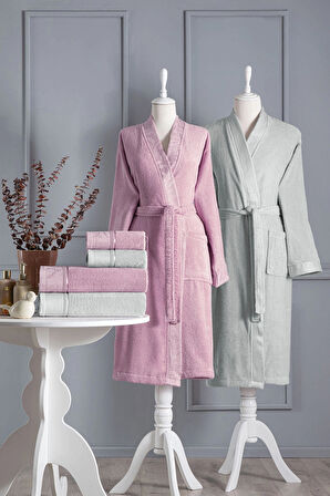 Özdilek Siddy Aile Bornoz Seti 6 Parça Pembe-Gri