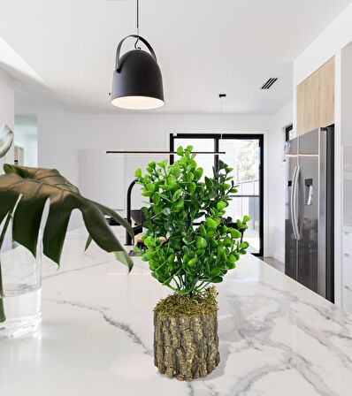 Yapay Çiçek Doğal Kütük Odun Saksıda Jumbo Şimşir Okaliptus Masa Çiçeği