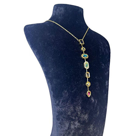 Uretti - Melik 9215 7763 Yedi Element Gold Renk ve Renkli Taşlı Çelik Y Kolye