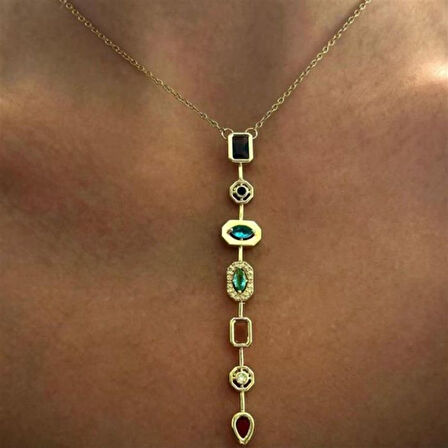 Uretti - Melik 9215 7763 Yedi Element Gold Renk ve Renkli Taşlı Çelik Y Kolye