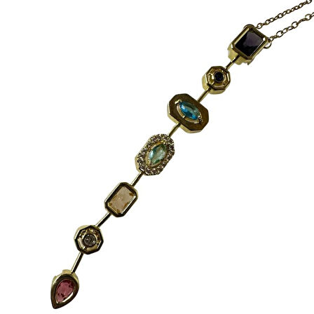 Uretti - Melik 9215 7763 Yedi Element Gold Renk ve Renkli Taşlı Çelik Y Kolye
