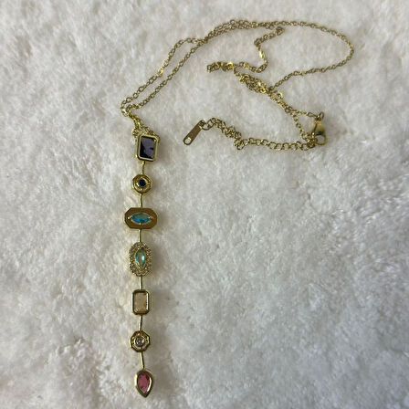 Uretti - Melik 9215 7763 Yedi Element Gold Renk ve Renkli Taşlı Çelik Y Kolye