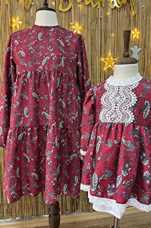 Fitilli Kadife Bordo Şal Desenli Anne Kız Çocuk Bebek Elbise