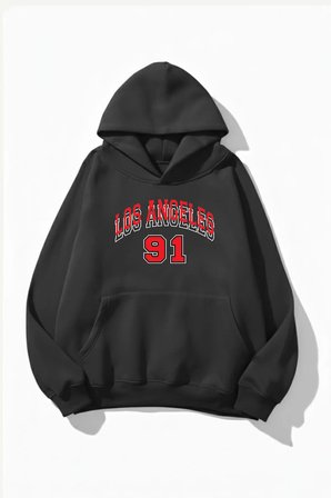 Unisex Yumuşak Dokulu Los Angeles 91 Baskılı Tasarım Oversize 3 İplik Hoodie Sweatshirt