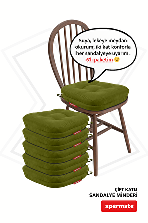 XPERMATE 6'lı Çift Kat Sandalye Minderi Fermuarlı Yıkanabilir Kılıf Bağcıklı Su ve Yağ İtici 42x42x8 Yeşil