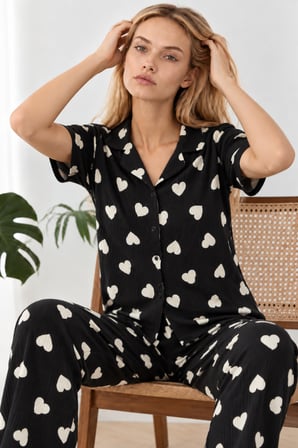 Night Siyah Kadın Kalpli Kısa Kollu Pijama Takımı 4825