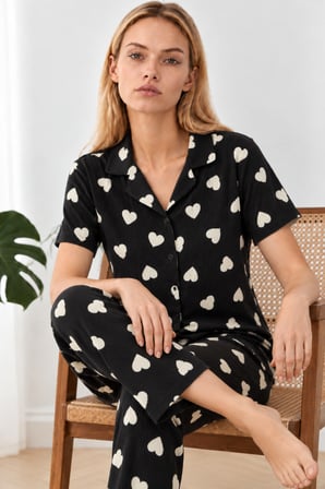 Night Siyah Kadın Kalpli Kısa Kollu Pijama Takımı 4825