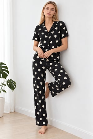 Night Siyah Kadın Kalpli Kısa Kollu Pijama Takımı 4825