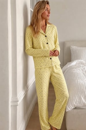 Night Sarı Kadın Puantiyeli Uzun Kollu Düğmeli Pijama Takımı