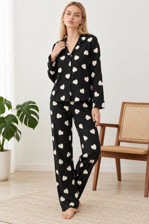 Night Siyah Kadın Kalpli Gömlek Yaka Pijama Takımı 4824