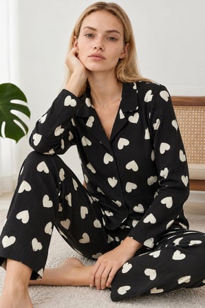 Night Siyah Kadın Kalpli Gömlek Yaka Pijama Takımı 4824