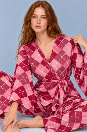 Night Pembe Kadın Kruvaze Kuşaklı İkili Pijama Takımı 4802