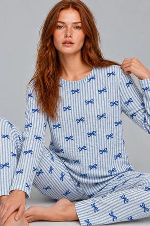 Night Mavi Kadın Desenli İkili Rahat Pijama Takımı 4815
