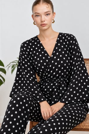 Night Siyah Kadın Kruvaze Kuşaklı İkili Pijama Takımı 4803