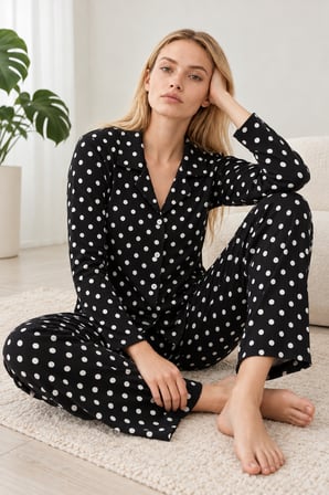 Night Siyah Kadın Gömlek Yaka Desenli Pijama Takımı 4812