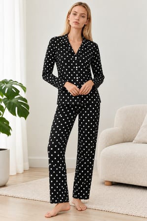 Night Siyah Kadın Gömlek Yaka Desenli Pijama Takımı 4812