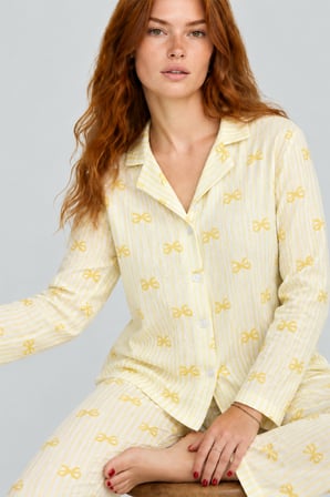 Night Sarı Kadın Çizgili Fiyonk Desenli Uzun Kollu Pijama Takımı 4796