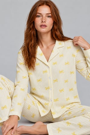 Night Sarı Kadın Çizgili Fiyonk Desenli Uzun Kollu Pijama Takımı 4796