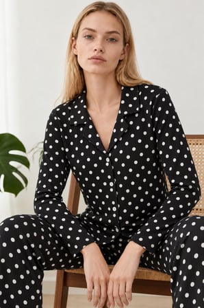 Night Siyah Kadın Gömlek Yaka Desenli Pijama Takımı 4812