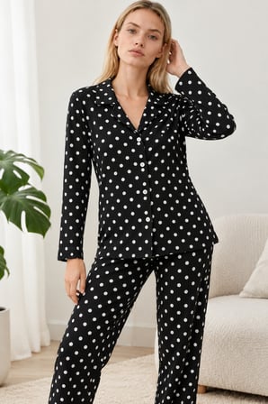 Night Siyah Kadın Gömlek Yaka Desenli Pijama Takımı 4812