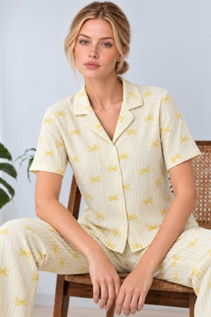 Night Sarı Kadın Gömlek Yaka Desenli İkili Pijama Takımı 4795