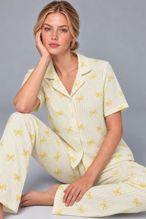 Night Sarı Kadın Gömlek Yaka Desenli İkili Pijama Takımı 4795