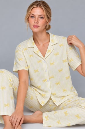 Night Sarı Kadın Gömlek Yaka Desenli İkili Pijama Takımı 4795