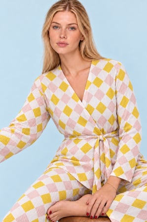 Night Sarı Kadın Desenli Ev Stili Kuşaklı Pijama Takımı 4807