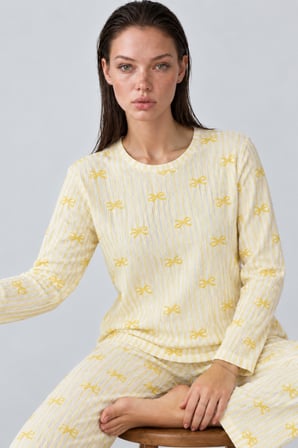 Night Sarı Kadın Çizgili Rahat Desenli İkili Pijama Takımı 4797