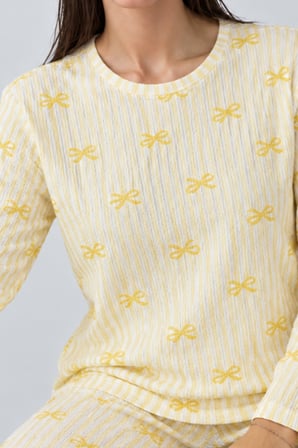Night Sarı Kadın Çizgili Rahat Desenli İkili Pijama Takımı 4797