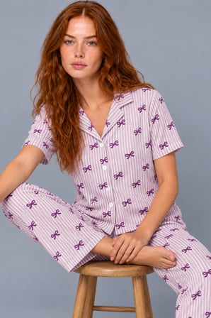 Night Mor Kadın Çizgili Fiyonk Desenli Kısa Kollu Pijama Takımı 4811