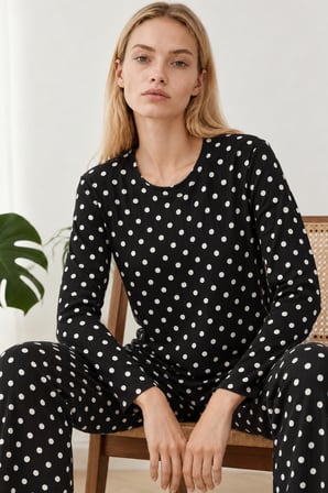 Night Siyah Kadın Desenli İkili Rahat Pijama Takımı 4814