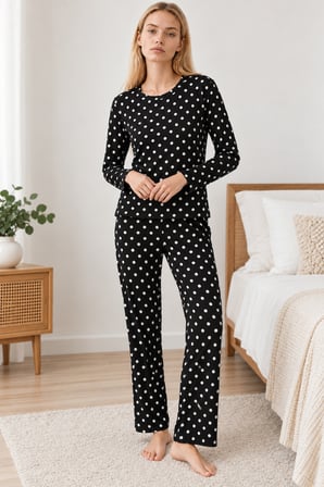 Night Siyah Kadın Desenli İkili Rahat Pijama Takımı 4814