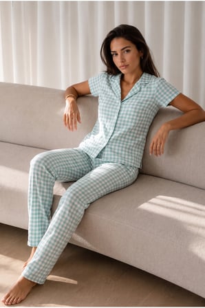 Night Su Yeşili Kadın Loose Uzun Paça Pamuk Pijama Takımı