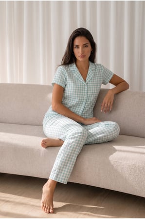 Night Su Yeşili Kadın Loose Uzun Paça Pamuk Pijama Takımı