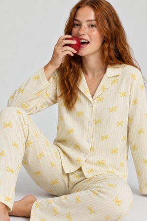 Night Sarı Kadın Çizgili Fiyonk Desenli Uzun Kollu Pijama Takımı 4796