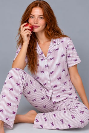 Night Mor Kadın Çizgili Fiyonk Desenli Kısa Kollu Pijama Takımı 4811