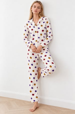 Night Beyaz Kadın Uğur Böcekli Gömlek Yaka Pijama Takımı 4827