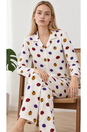 Night Beyaz Kadın Uğur Böcekli Gömlek Yaka Pijama Takımı 4827