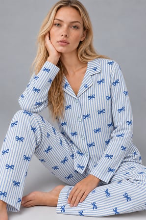Night Mavi Kadın Gömlek Yaka Desenli Pijama Takımı 4816