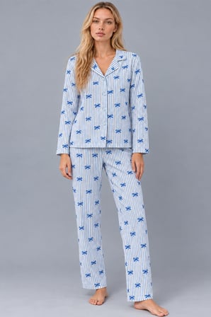 Night Mavi Kadın Gömlek Yaka Desenli Pijama Takımı 4816