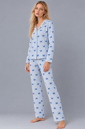 Night Mavi Kadın Gömlek Yaka Desenli Pijama Takımı 4816