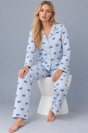 Night Mavi Kadın Gömlek Yaka Desenli Pijama Takımı 4816