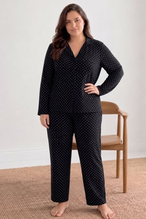 Night Siyah Kadın Puantiyeli Düğmeli Pijama Takımı 852