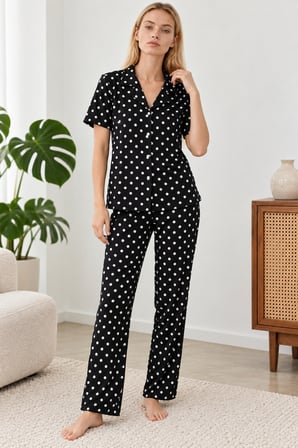 Night Siyah Kadın Desenli Kısa Kollu Pijama Takımı 4813